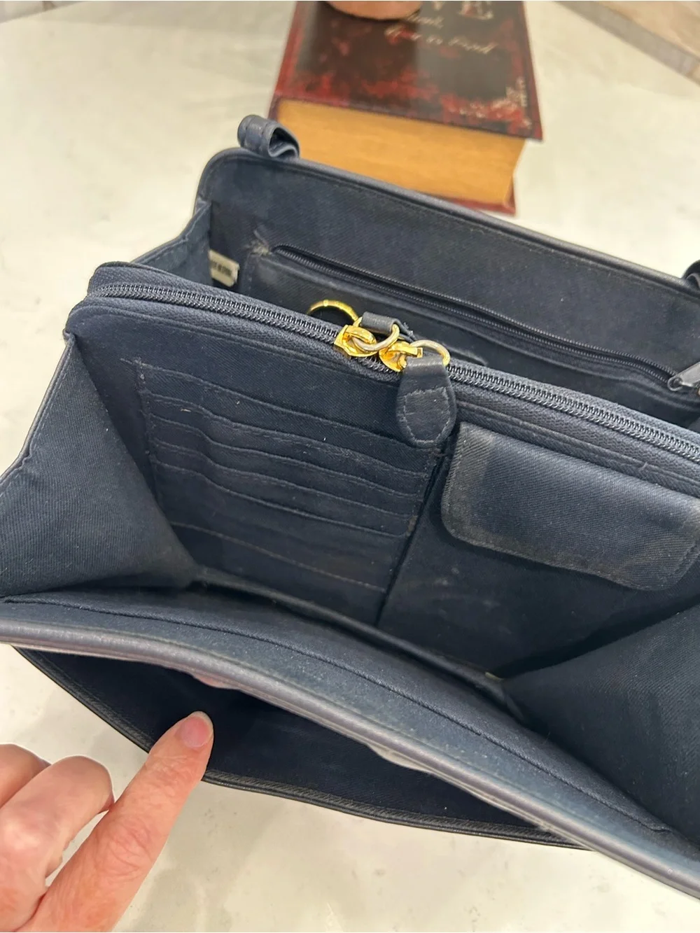 Vintage Structured Navy Leather Bag with Top Handle
